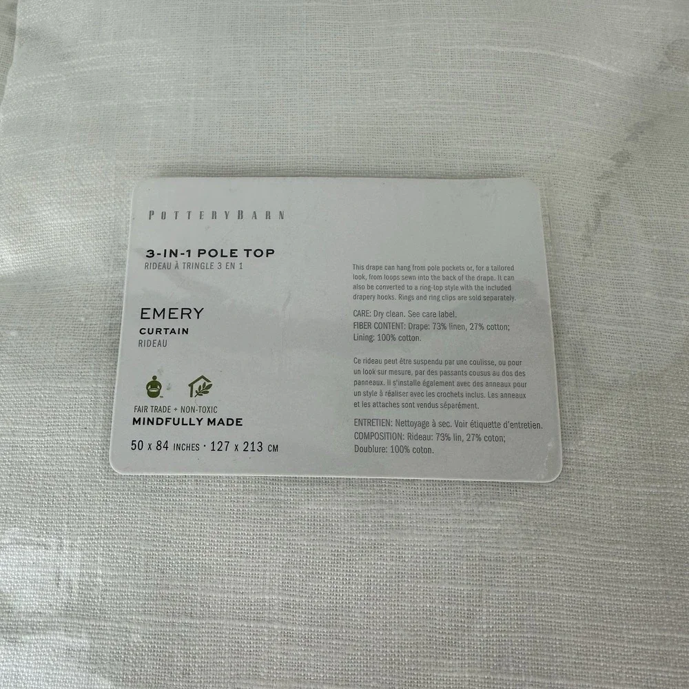 Pottery Barn 3 In 1 Pole Top Emery Cotton‎ Lined Curtain White 50X84 NWT